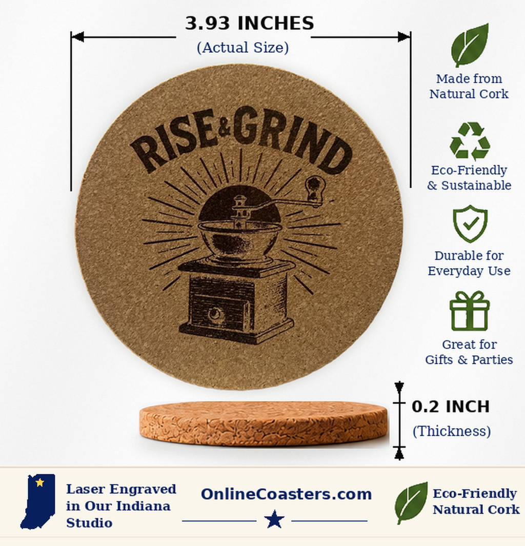 Rise And Grind cork coaster size diagram, 3.93 inch diameter and 0.2 inch thickness