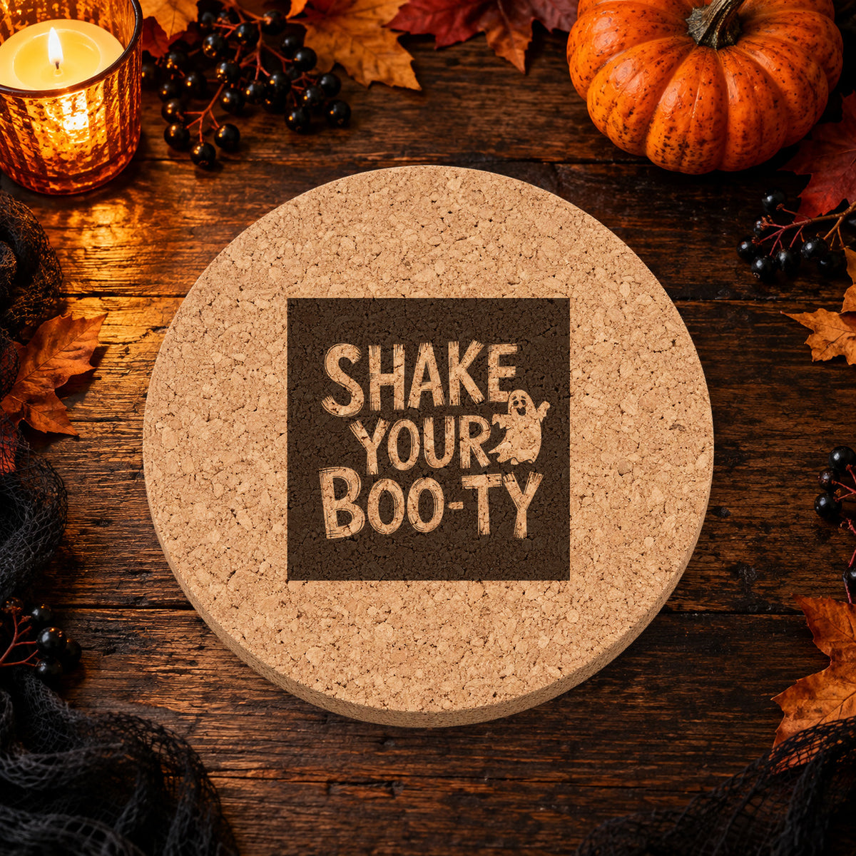 Shake Your Boo-ty laser engraved Halloween cork coaster — lifestyle view