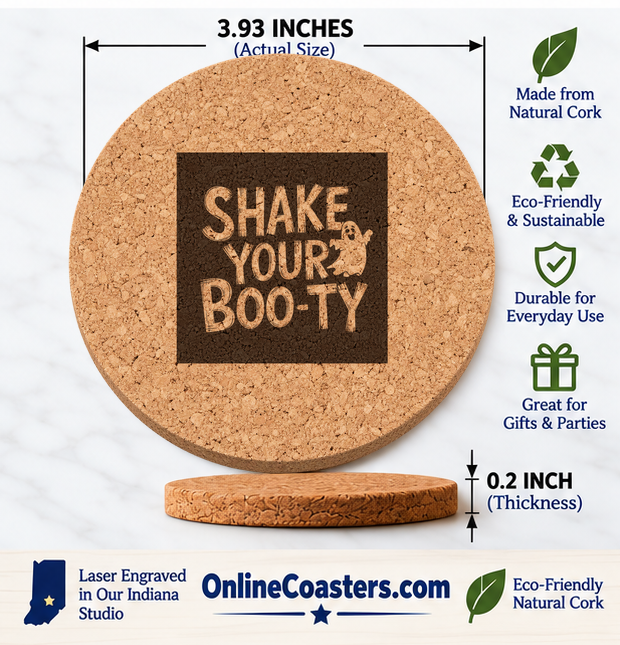 Shake Your Boo-ty cork coaster size diagram, 3.93 inch diameter and 0.2 inch thickness