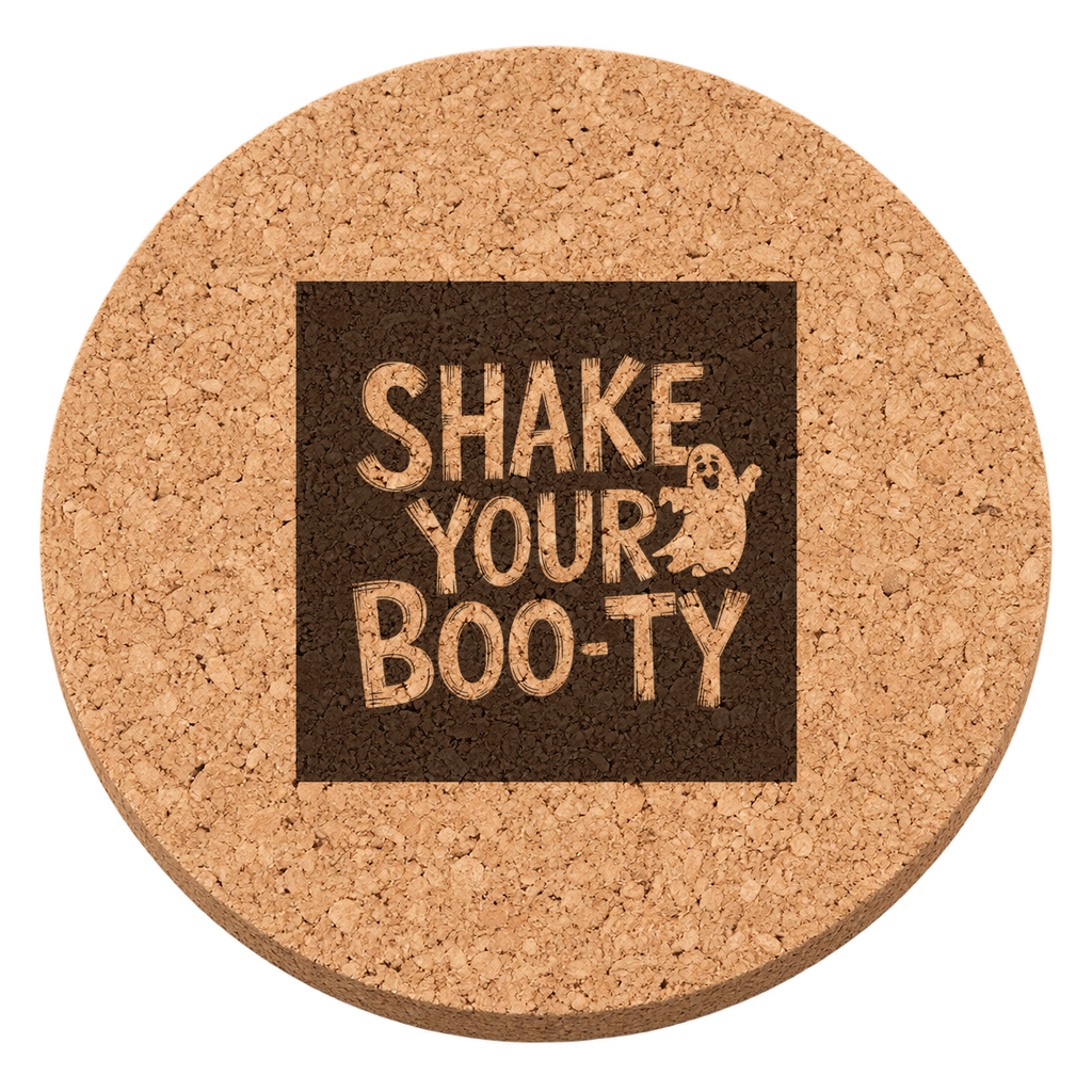 Shake Your Boo-ty laser engraved Halloween cork coaster — transparent view