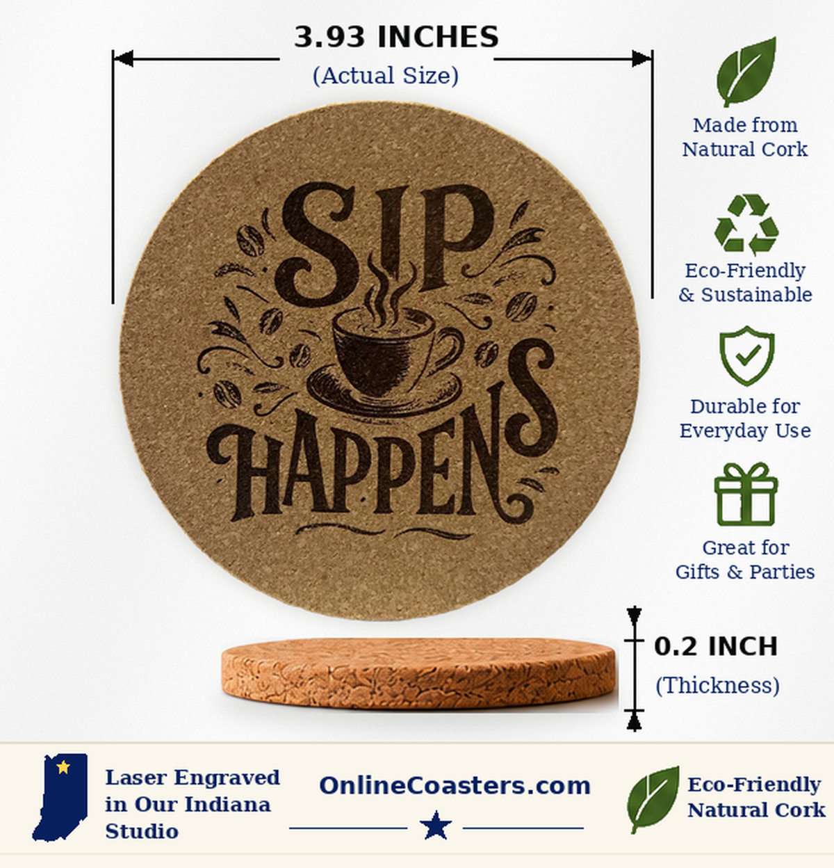 Sip Happens cork coaster size diagram, 3.93 inch diameter and 0.2 inch thickness