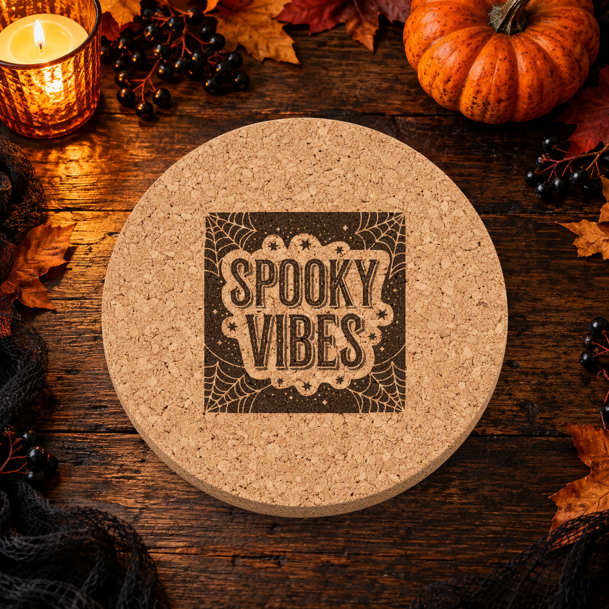 Spooky Vibes laser engraved Halloween cork coaster — lifestyle view