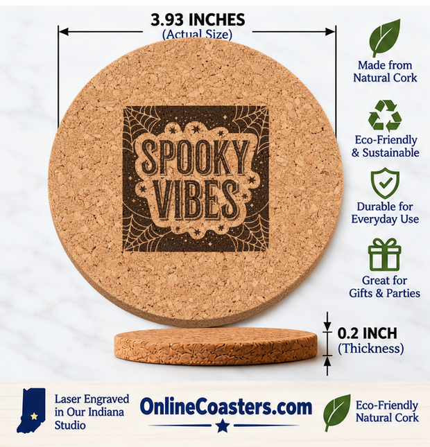 Spooky Vibes cork coaster size diagram, 3.93 inch diameter and 0.2 inch thickness