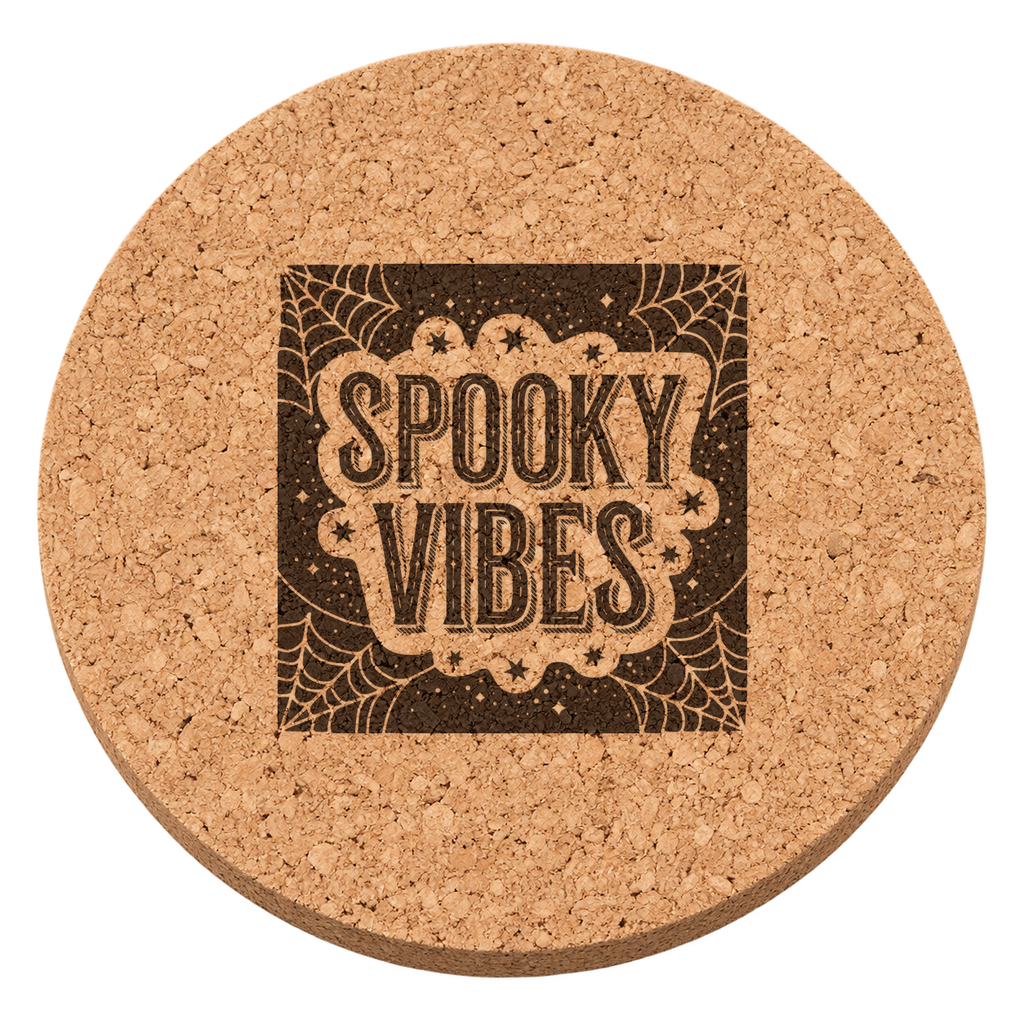 Spooky Vibes laser engraved Halloween cork coaster — transparent view
