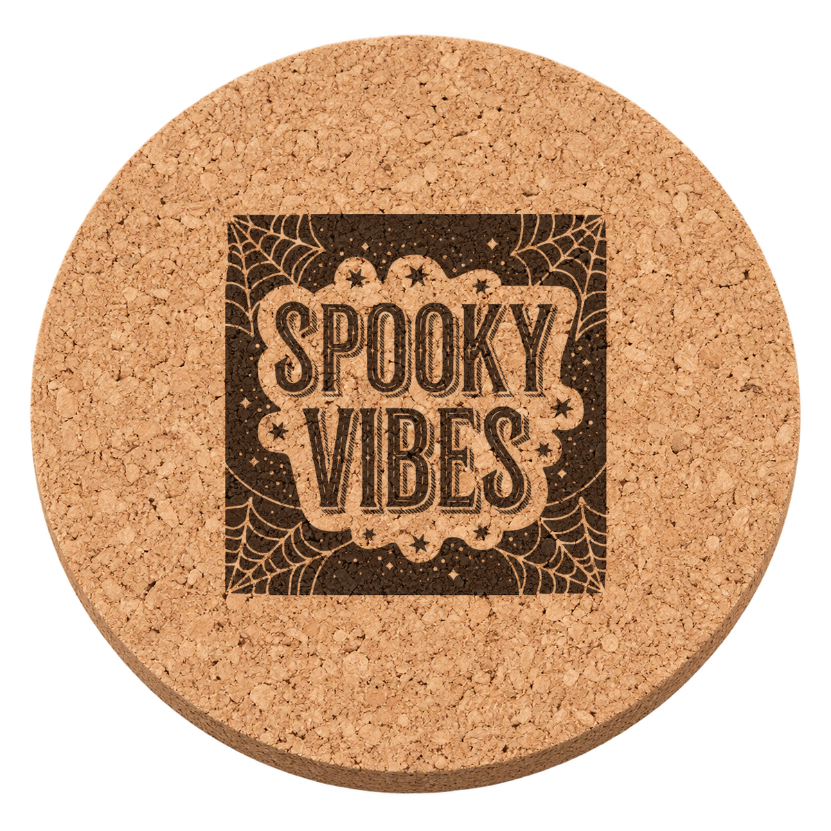 Spooky Vibes laser engraved Halloween cork coaster — transparent view