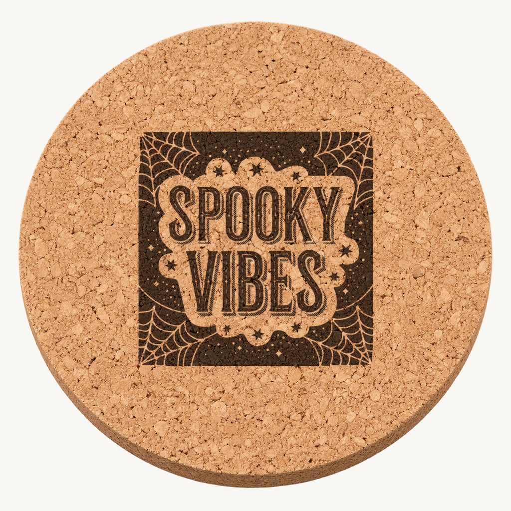 Spooky Vibes laser engraved Halloween cork coaster — front view