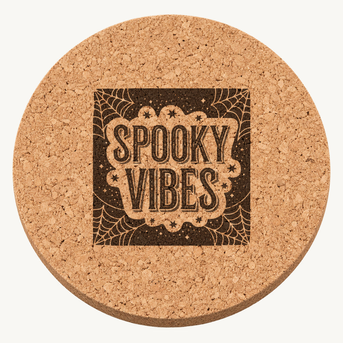 Spooky Vibes laser engraved Halloween cork coaster — front view