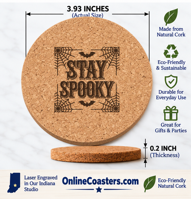 Stay Spooky cork coaster size diagram, 3.93 inch diameter and 0.2 inch thickness