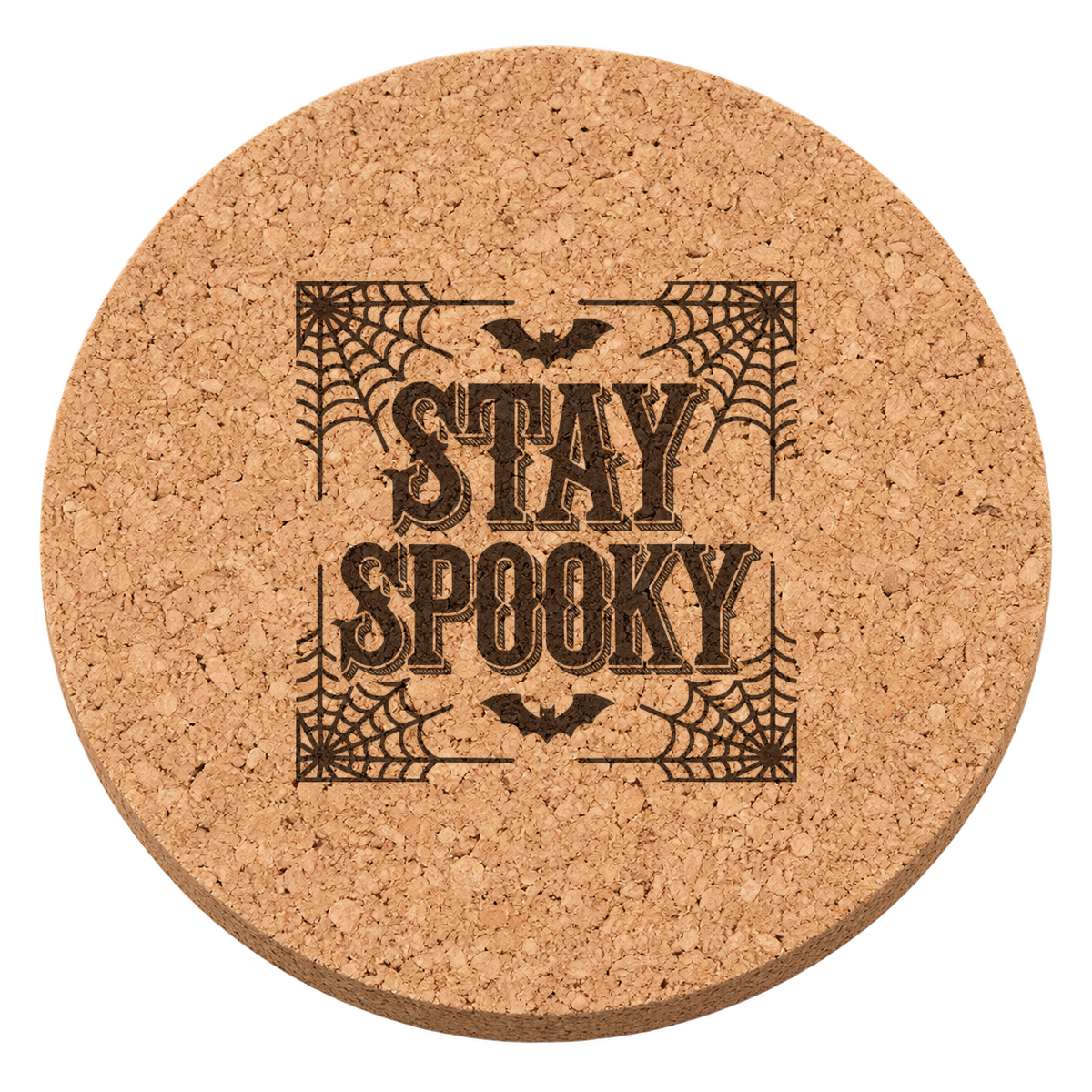 Stay Spooky laser engraved Halloween cork coaster — transparent view
