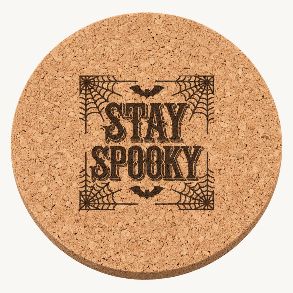 Stay Spooky laser engraved Halloween cork coaster — front view