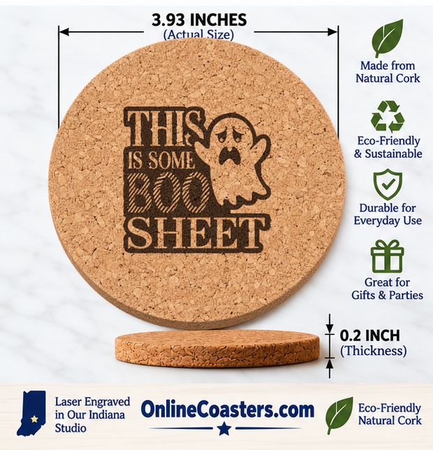 This Is Some Boo Sheet cork coaster size diagram, 3.93 inch diameter and 0.2 inch thickness