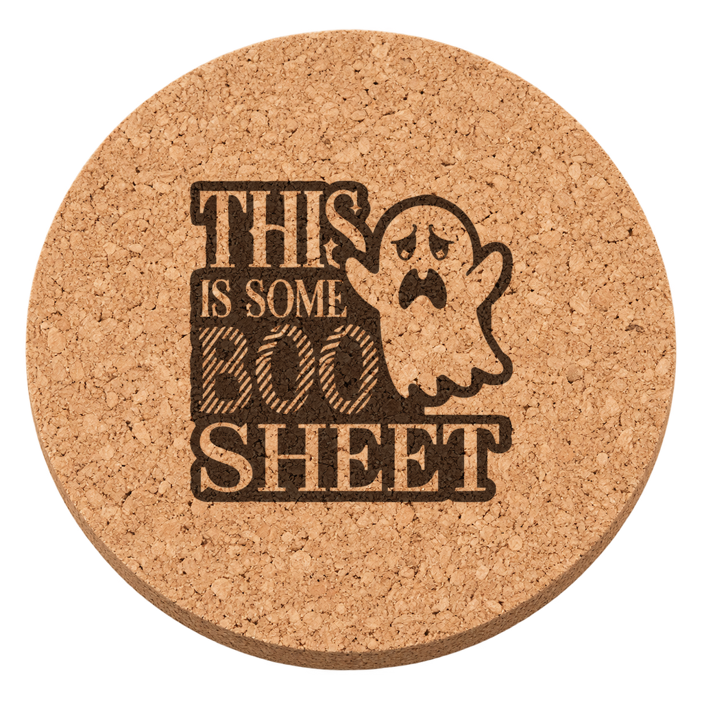 This Is Some Boo Sheet laser engraved Halloween cork coaster — transparent view