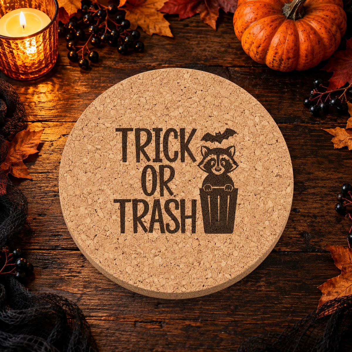Trick or Trash Raccoon laser engraved Halloween cork coaster — lifestyle view