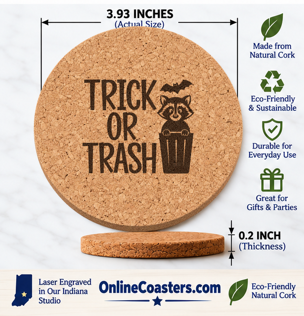 Trick or Trash Raccoon cork coaster size diagram, 3.93 inch diameter and 0.2 inch thickness