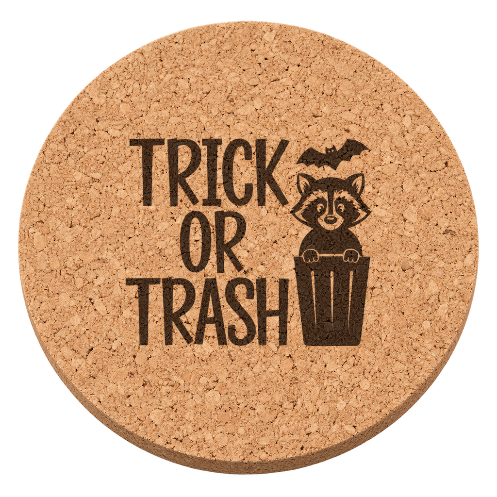 Trick or Trash Raccoon laser engraved Halloween cork coaster — transparent view