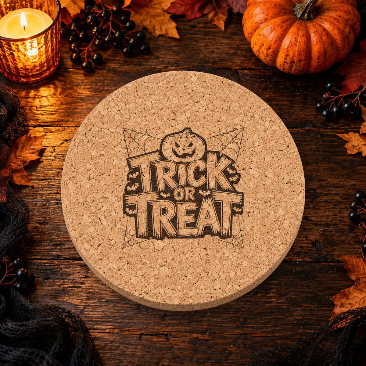 Trick or Treat laser engraved Halloween cork coaster — lifestyle view