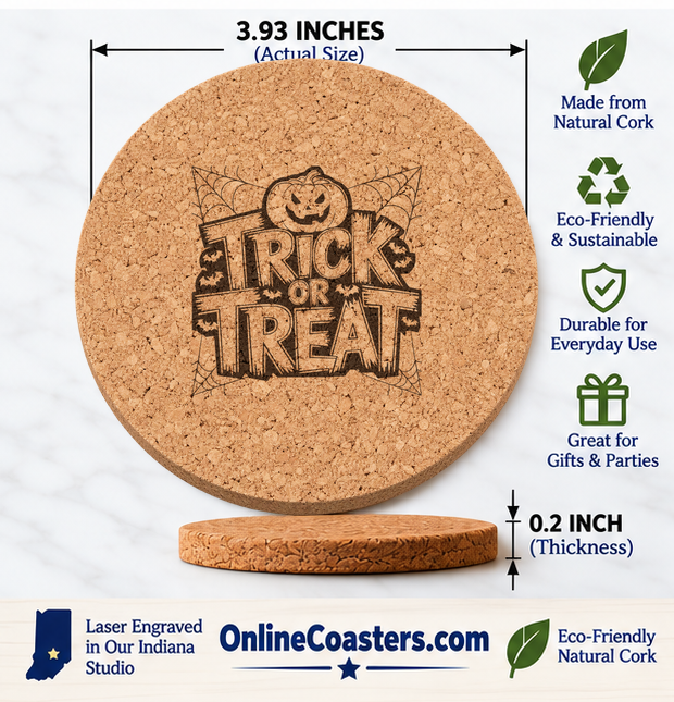 Trick or Treat cork coaster size diagram, 3.93 inch diameter and 0.2 inch thickness