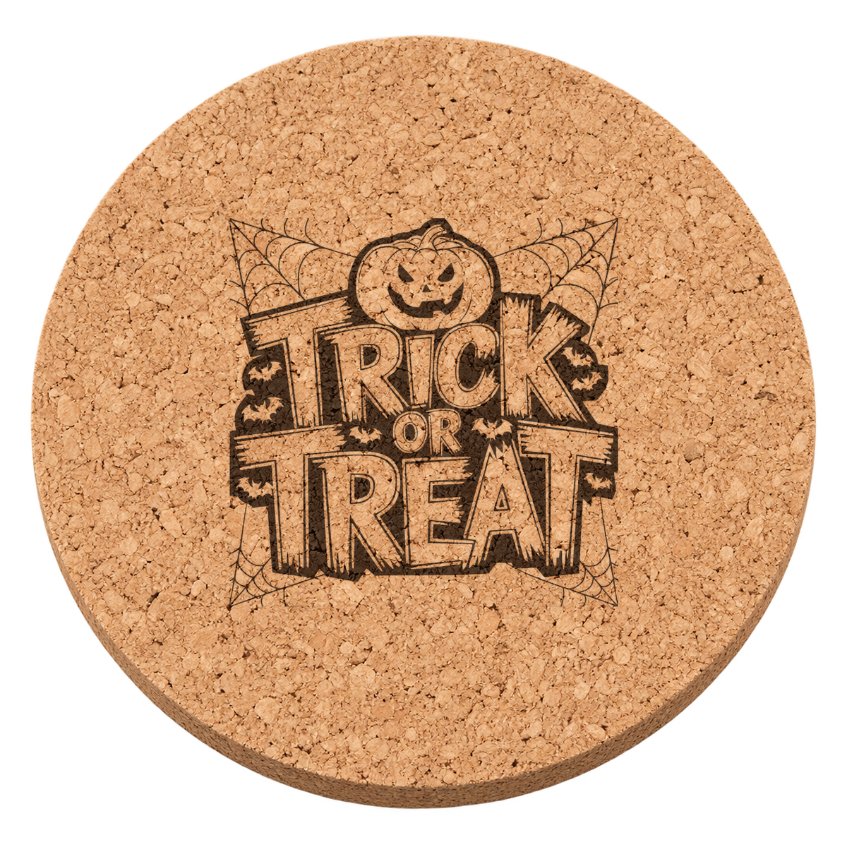 Trick or Treat laser engraved Halloween cork coaster — transparent view
