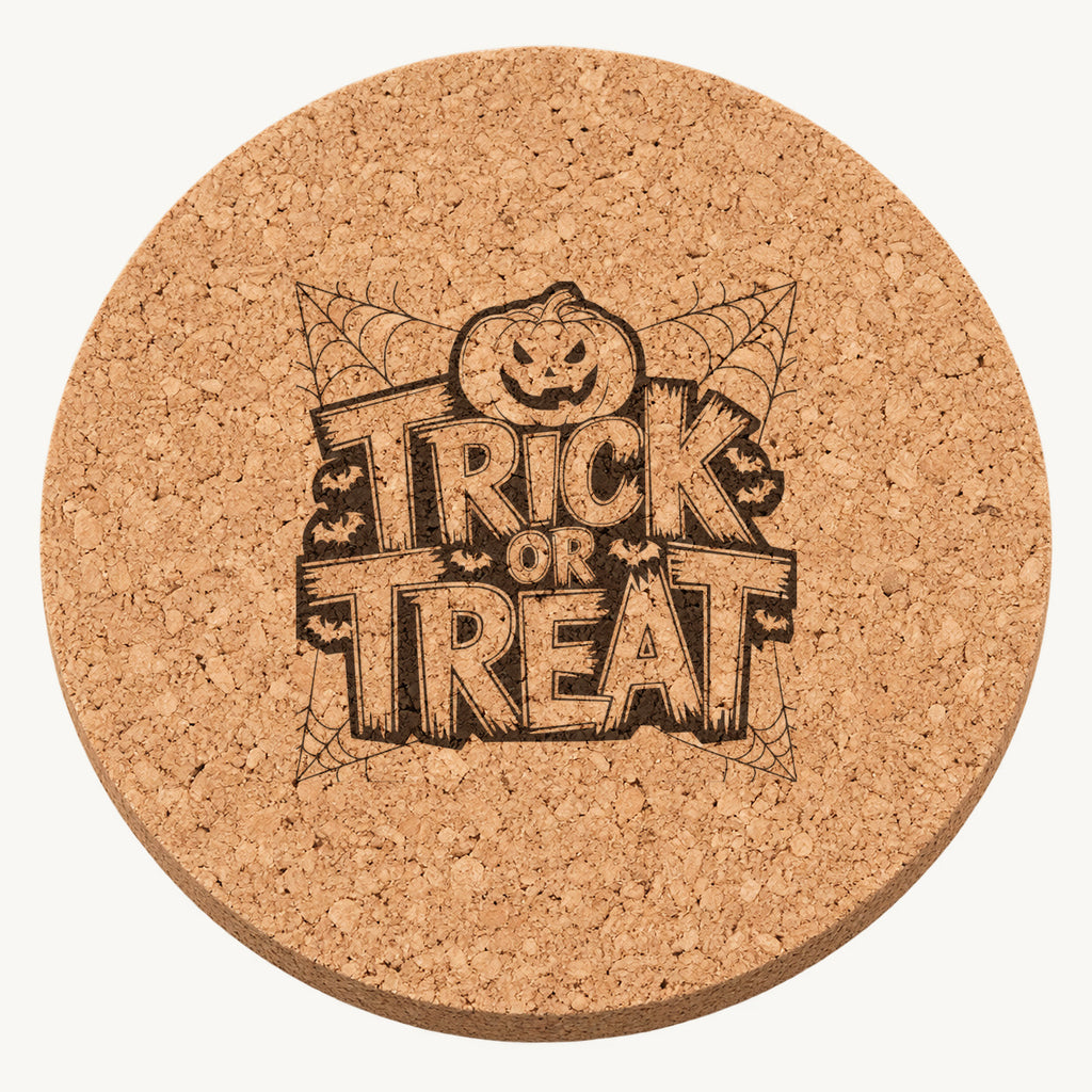 Trick or Treat laser engraved Halloween cork coaster — front view