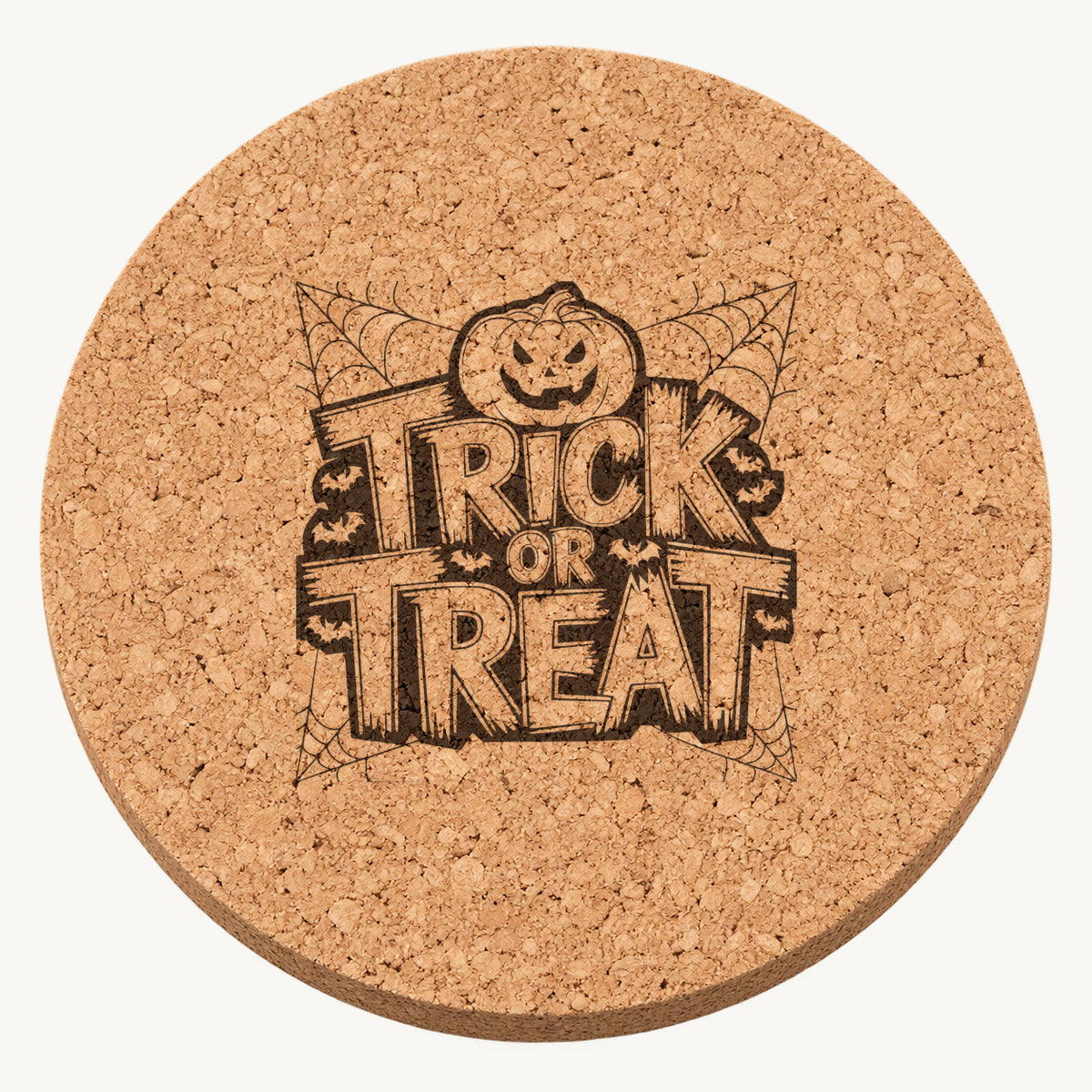 Trick or Treat laser engraved Halloween cork coaster — front view