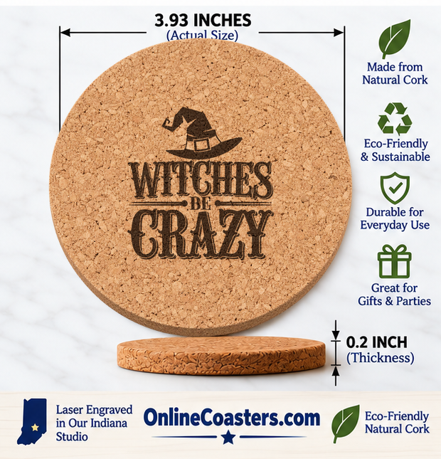 Witches Be Crazy cork coaster size diagram, 3.93 inch diameter and 0.2 inch thickness