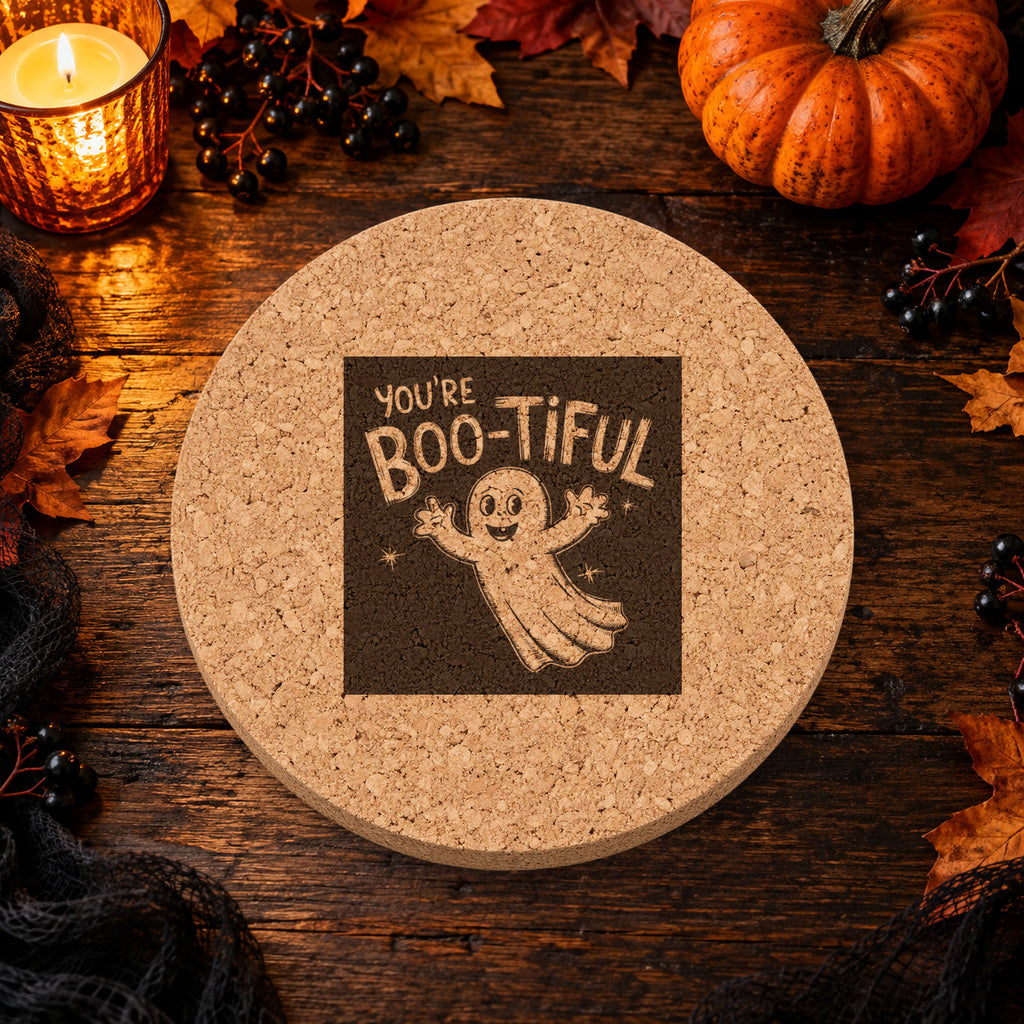 You're Boo-tiful laser engraved Halloween cork coaster — lifestyle view