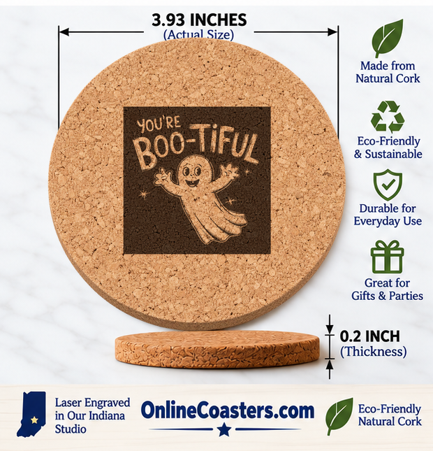 You're Boo-tiful cork coaster size diagram, 3.93 inch diameter and 0.2 inch thickness