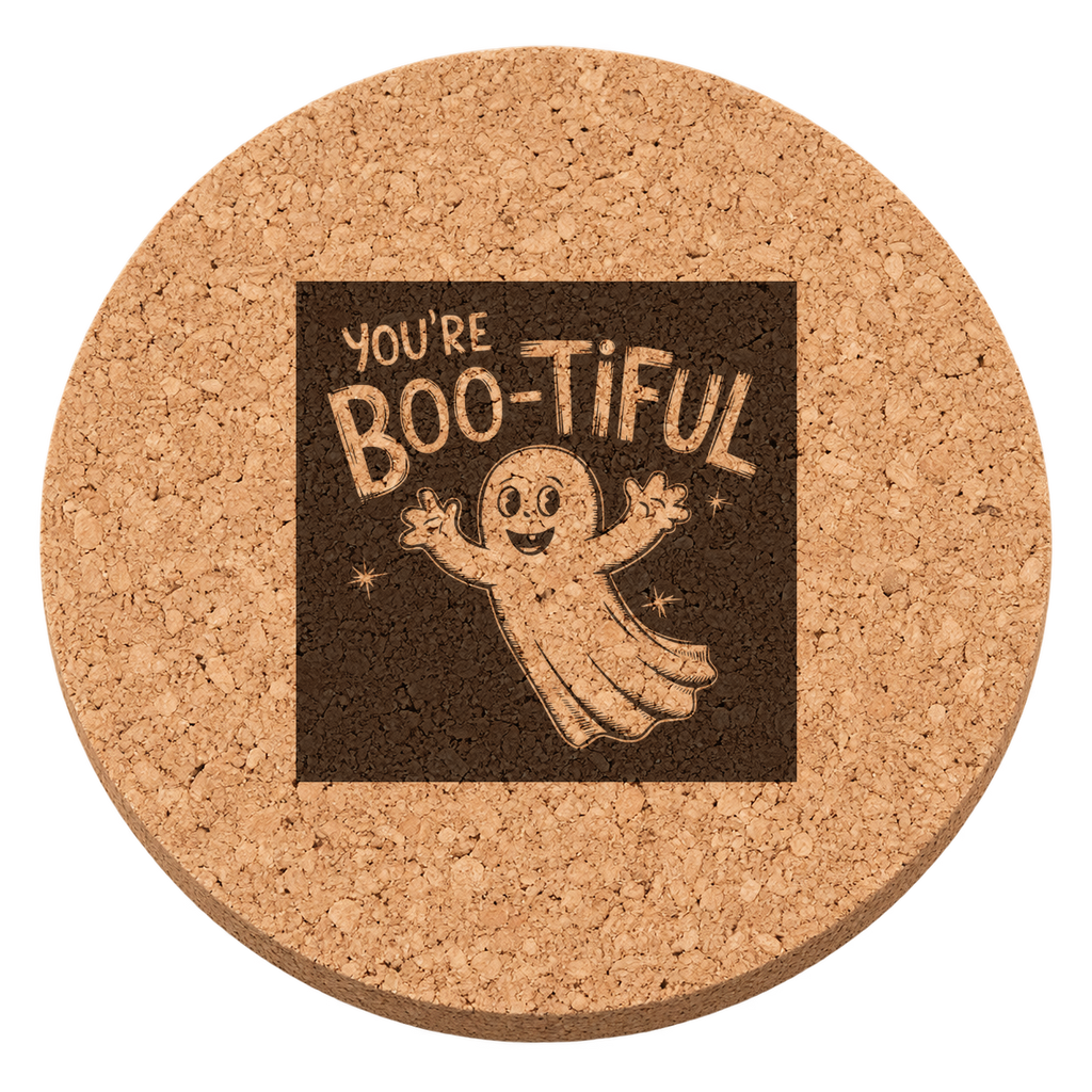 You're Boo-tiful laser engraved Halloween cork coaster — transparent view